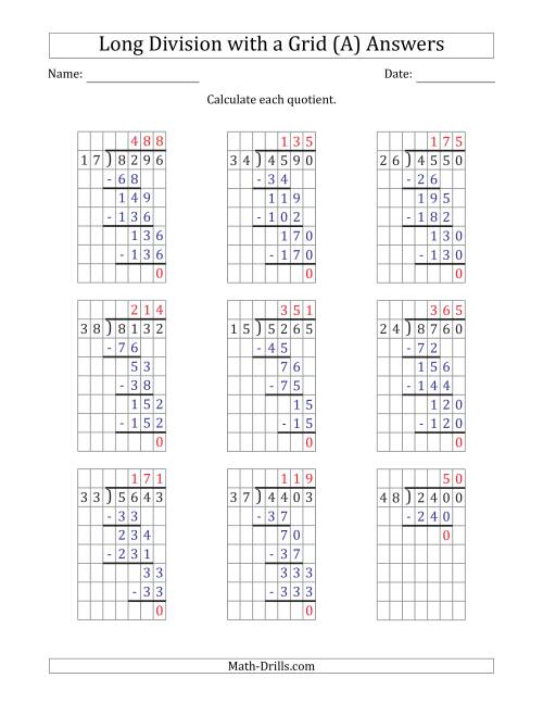 The 4-Digit by 2-Digit Long Division with Grid Assistance and NO Remainders (All) Math Worksheet Page 2