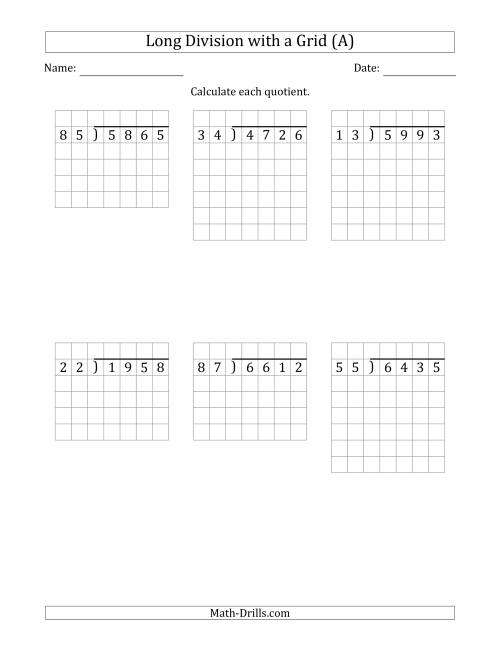 The 4-Digit by 2-Digit Long Division with Grid Assistance and NO Remainders (Old) Math Worksheet