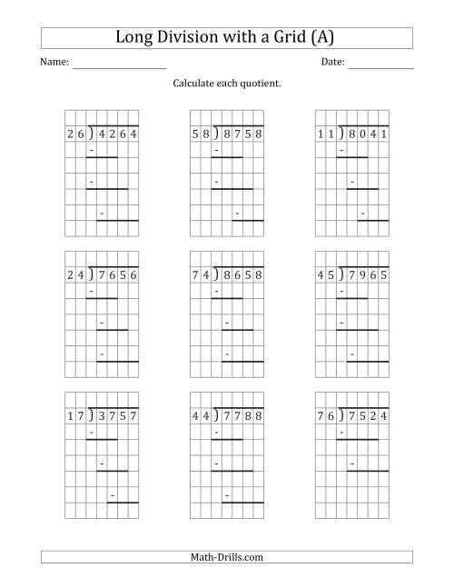 The 4-Digit by 2-Digit Long Division with Grid Assistance and Prompts and NO Remainders (A) Math Worksheet