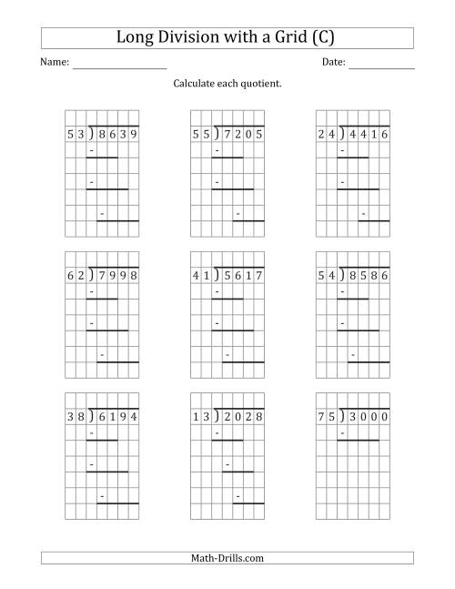 The 4-Digit by 2-Digit Long Division with Grid Assistance and Prompts and NO Remainders (C) Math Worksheet