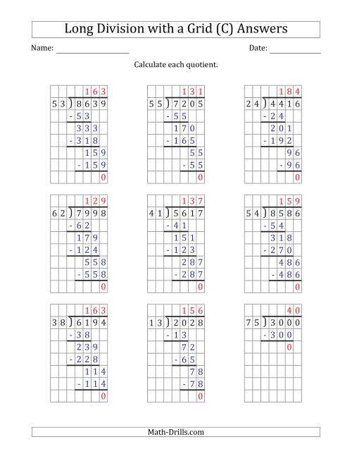 The 4-Digit by 2-Digit Long Division with Grid Assistance and Prompts and NO Remainders (C) Math Worksheet Page 2