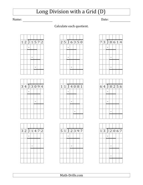 The 4-Digit by 2-Digit Long Division with Grid Assistance and Prompts and NO Remainders (D) Math Worksheet