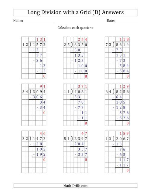 The 4-Digit by 2-Digit Long Division with Grid Assistance and Prompts and NO Remainders (D) Math Worksheet Page 2