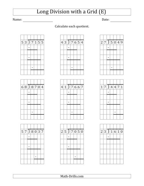 The 4-Digit by 2-Digit Long Division with Grid Assistance and Prompts and NO Remainders (E) Math Worksheet