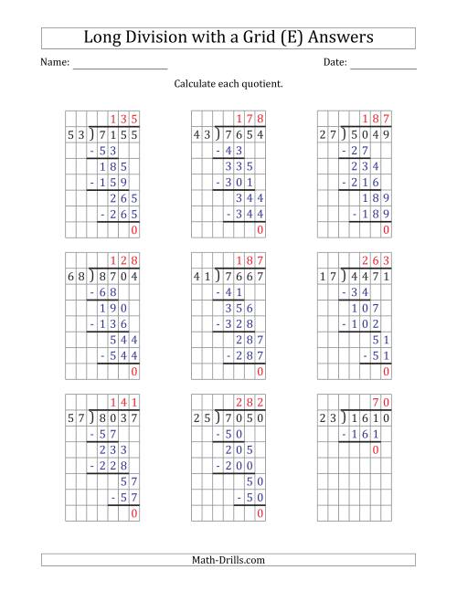 The 4-Digit by 2-Digit Long Division with Grid Assistance and Prompts and NO Remainders (E) Math Worksheet Page 2