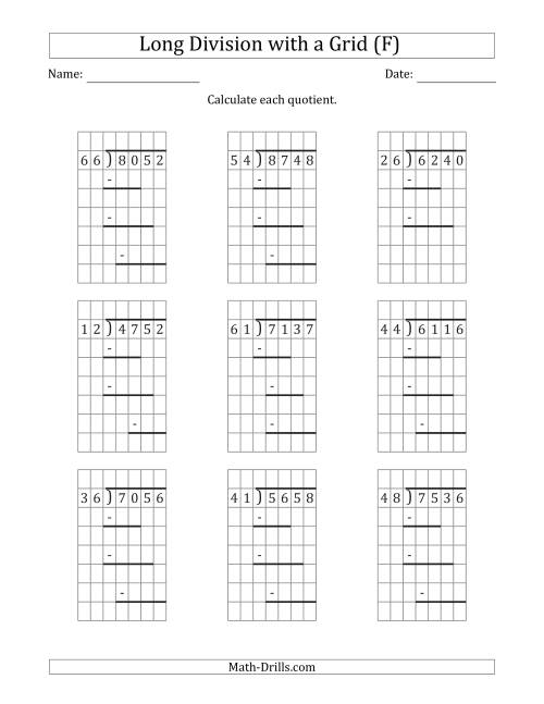 The 4-Digit by 2-Digit Long Division with Grid Assistance and Prompts and NO Remainders (F) Math Worksheet