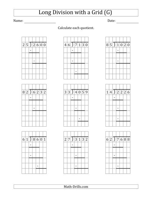 The 4-Digit by 2-Digit Long Division with Grid Assistance and Prompts and NO Remainders (G) Math Worksheet