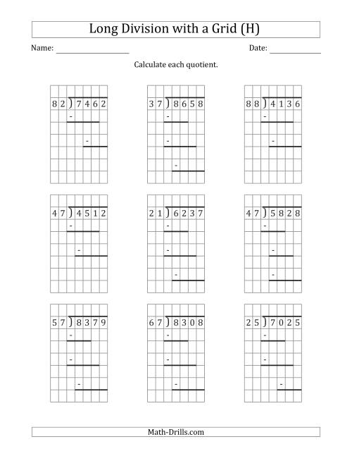 The 4-Digit by 2-Digit Long Division with Grid Assistance and Prompts and NO Remainders (H) Math Worksheet