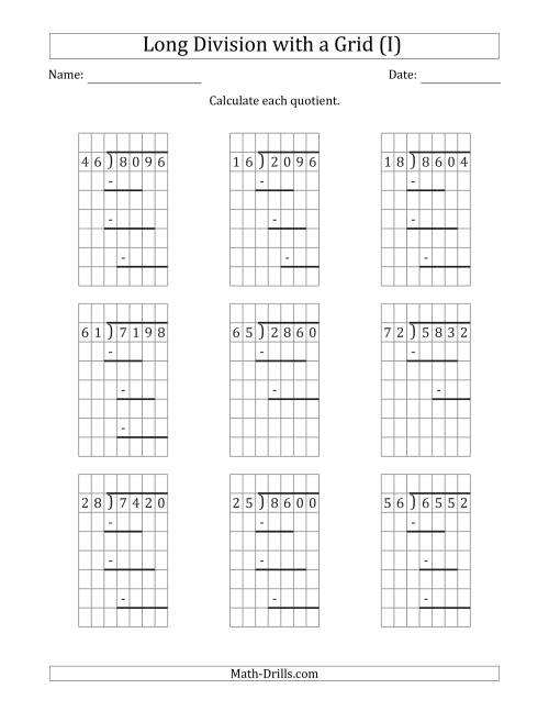 The 4-Digit by 2-Digit Long Division with Grid Assistance and Prompts and NO Remainders (I) Math Worksheet