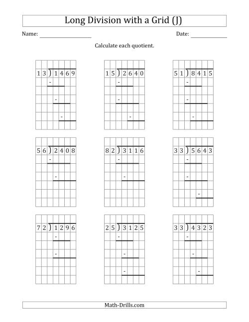 The 4-Digit by 2-Digit Long Division with Grid Assistance and Prompts and NO Remainders (J) Math Worksheet