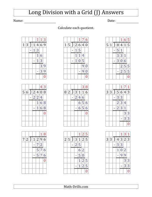 The 4-Digit by 2-Digit Long Division with Grid Assistance and Prompts and NO Remainders (J) Math Worksheet Page 2