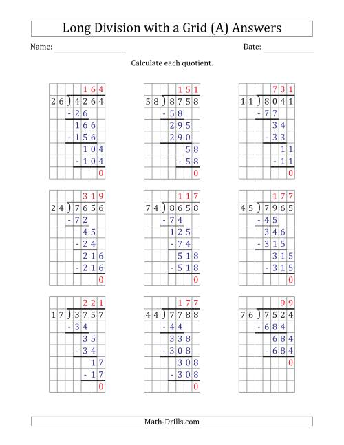 The 4-Digit by 2-Digit Long Division with Grid Assistance and Prompts and NO Remainders (All) Math Worksheet Page 2