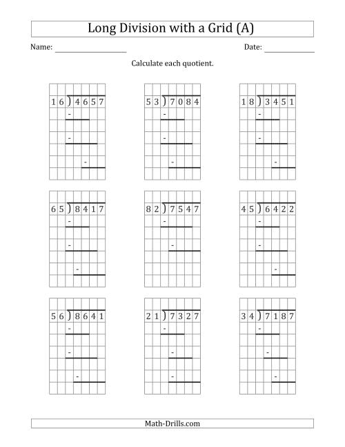 The 4-Digit by 2-Digit Long Division with Remainders with Grid Assistance and Prompts (A) Math Worksheet