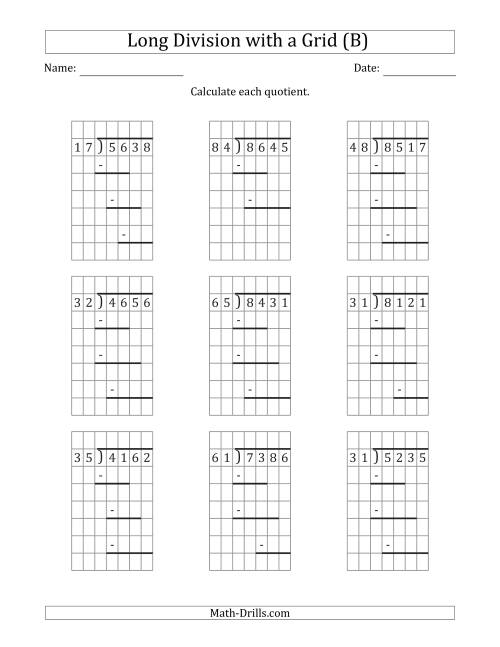 The 4-Digit by 2-Digit Long Division with Remainders with Grid Assistance and Prompts (B) Math Worksheet