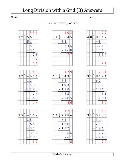 The 4-Digit by 2-Digit Long Division with Remainders with Grid Assistance and Prompts (B) Math Worksheet Page 2