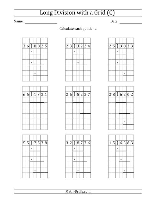 The 4-Digit by 2-Digit Long Division with Remainders with Grid Assistance and Prompts (C) Math Worksheet