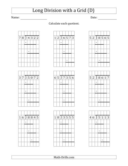 The 4-Digit by 2-Digit Long Division with Remainders with Grid Assistance and Prompts (D) Math Worksheet