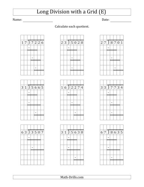 The 4-Digit by 2-Digit Long Division with Remainders with Grid Assistance and Prompts (E) Math Worksheet