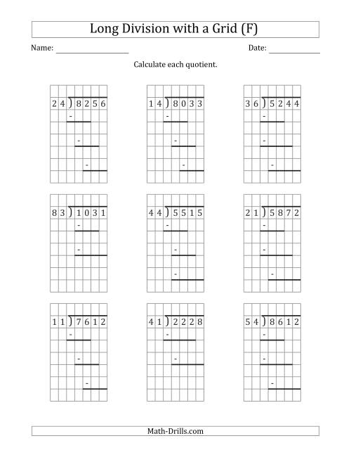 The 4-Digit by 2-Digit Long Division with Remainders with Grid Assistance and Prompts (F) Math Worksheet