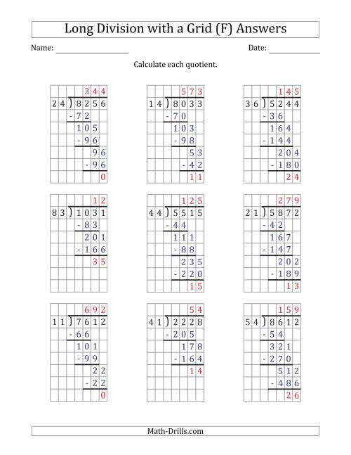 The 4-Digit by 2-Digit Long Division with Remainders with Grid Assistance and Prompts (F) Math Worksheet Page 2