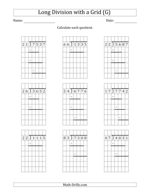 The 4-Digit by 2-Digit Long Division with Remainders with Grid Assistance and Prompts (G) Math Worksheet