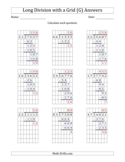 The 4-Digit by 2-Digit Long Division with Remainders with Grid Assistance and Prompts (G) Math Worksheet Page 2