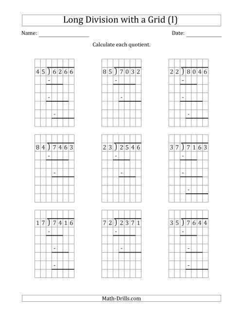The 4-Digit by 2-Digit Long Division with Remainders with Grid Assistance and Prompts (I) Math Worksheet