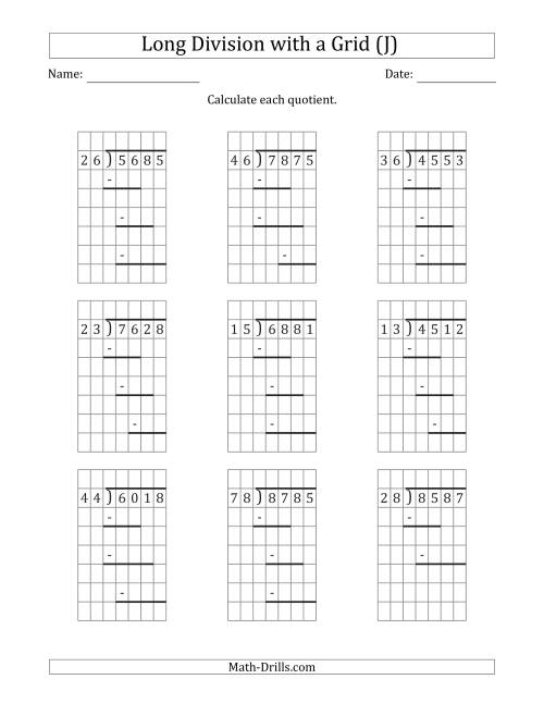 The 4-Digit by 2-Digit Long Division with Remainders with Grid Assistance and Prompts (J) Math Worksheet