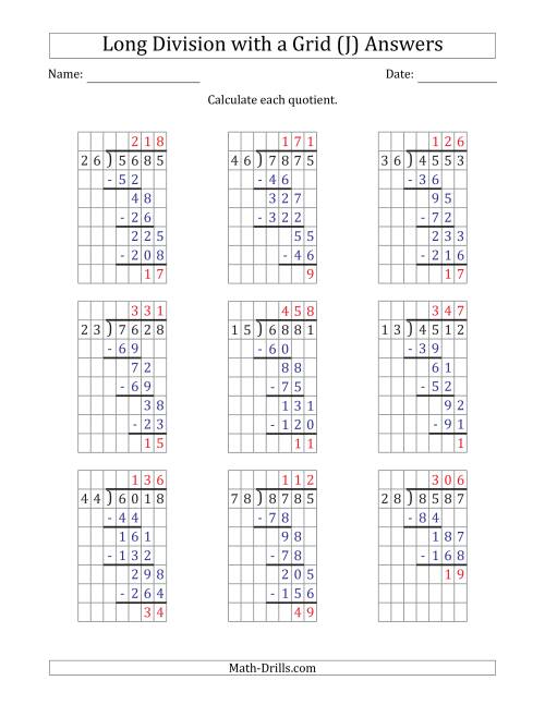 The 4-Digit by 2-Digit Long Division with Remainders with Grid Assistance and Prompts (J) Math Worksheet Page 2
