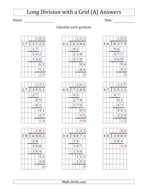 The 4-Digit by 2-Digit Long Division with Remainders with Grid Assistance (A) Math Worksheet Page 2
