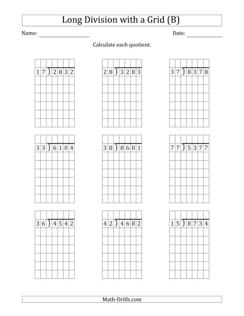 The 4-Digit by 2-Digit Long Division with Remainders with Grid Assistance (B) Math Worksheet