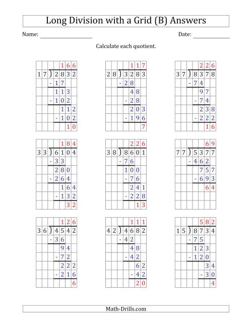 The 4-Digit by 2-Digit Long Division with Remainders with Grid Assistance (B) Math Worksheet Page 2