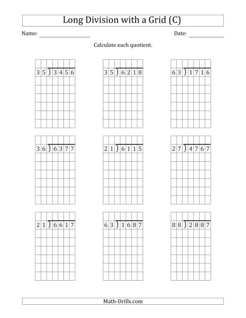 The 4-Digit by 2-Digit Long Division with Remainders with Grid Assistance (C) Math Worksheet