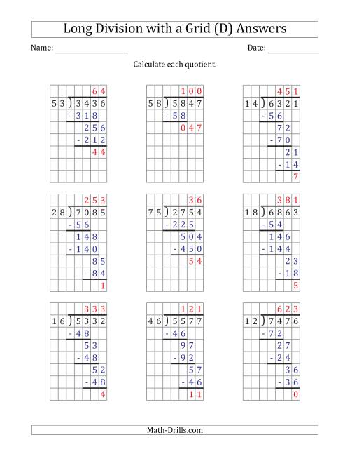 The 4-Digit by 2-Digit Long Division with Remainders with Grid Assistance (D) Math Worksheet Page 2