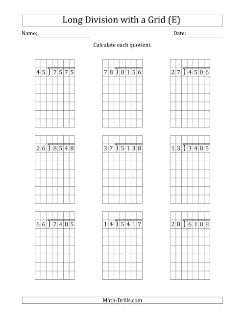 The 4-Digit by 2-Digit Long Division with Remainders with Grid Assistance (E) Math Worksheet