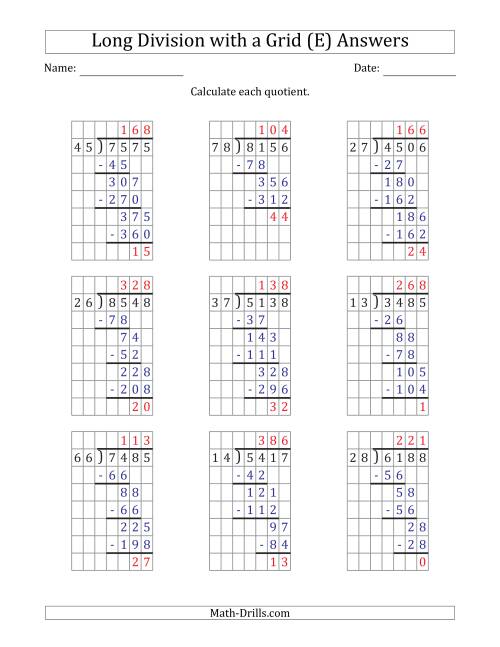 The 4-Digit by 2-Digit Long Division with Remainders with Grid Assistance (E) Math Worksheet Page 2
