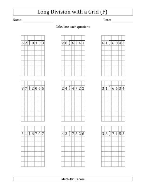 The 4-Digit by 2-Digit Long Division with Remainders with Grid Assistance (F) Math Worksheet
