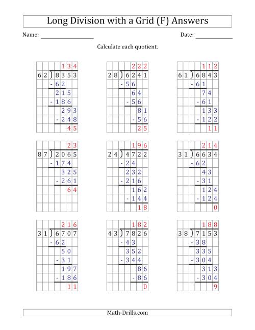 The 4-Digit by 2-Digit Long Division with Remainders with Grid Assistance (F) Math Worksheet Page 2