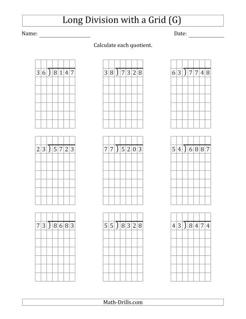 The 4-Digit by 2-Digit Long Division with Remainders with Grid Assistance (G) Math Worksheet