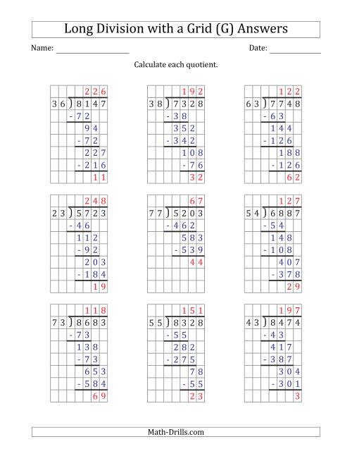 The 4-Digit by 2-Digit Long Division with Remainders with Grid Assistance (G) Math Worksheet Page 2