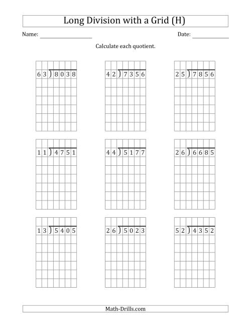 The 4-Digit by 2-Digit Long Division with Remainders with Grid Assistance (H) Math Worksheet