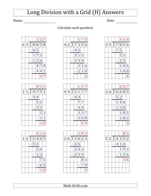 The 4-Digit by 2-Digit Long Division with Remainders with Grid Assistance (H) Math Worksheet Page 2