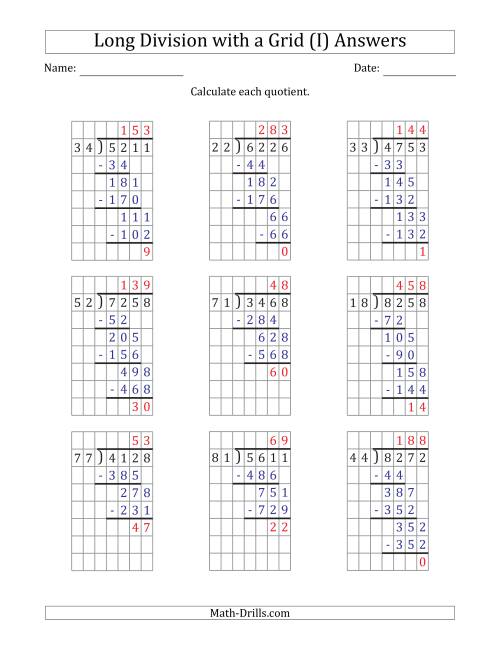 The 4-Digit by 2-Digit Long Division with Remainders with Grid Assistance (I) Math Worksheet Page 2
