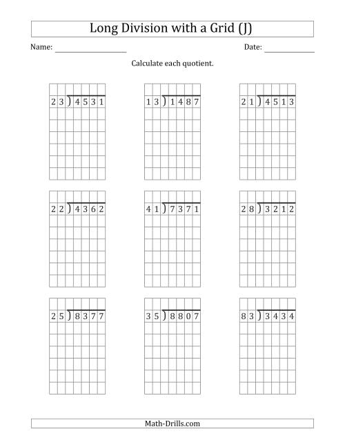 The 4-Digit by 2-Digit Long Division with Remainders with Grid Assistance (J) Math Worksheet