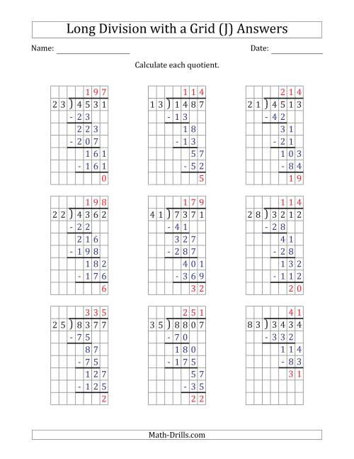 The 4-Digit by 2-Digit Long Division with Remainders with Grid Assistance (J) Math Worksheet Page 2