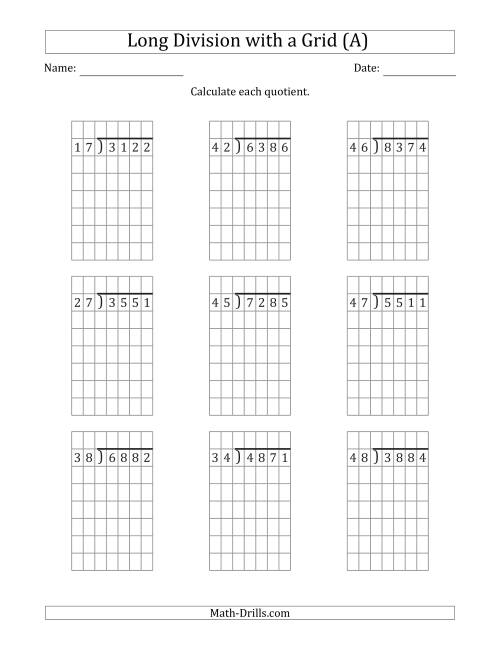 The 4-Digit by 2-Digit Long Division with Remainders with Grid Assistance (All) Math Worksheet