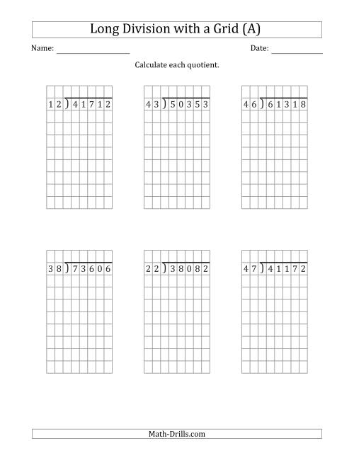 The 5-Digit by 2-Digit Long Division with Grid Assistance and NO Remainders (A) Math Worksheet