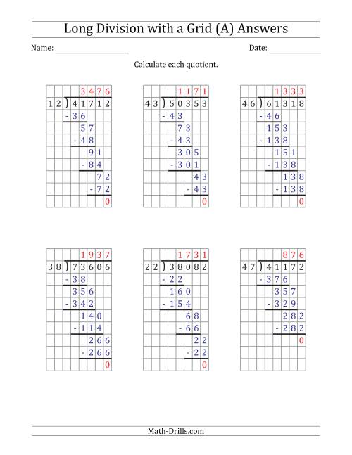 The 5-Digit by 2-Digit Long Division with Grid Assistance and NO Remainders (A) Math Worksheet Page 2
