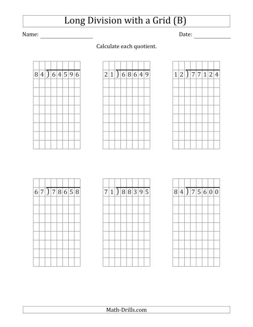 The 5-Digit by 2-Digit Long Division with Grid Assistance and NO Remainders (B) Math Worksheet