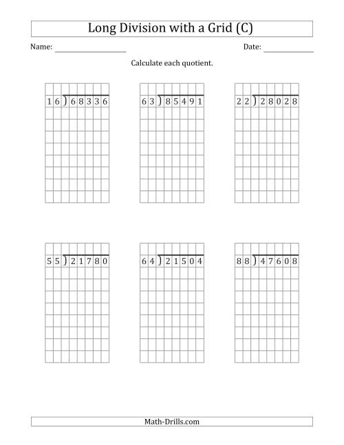 The 5-Digit by 2-Digit Long Division with Grid Assistance and NO Remainders (C) Math Worksheet